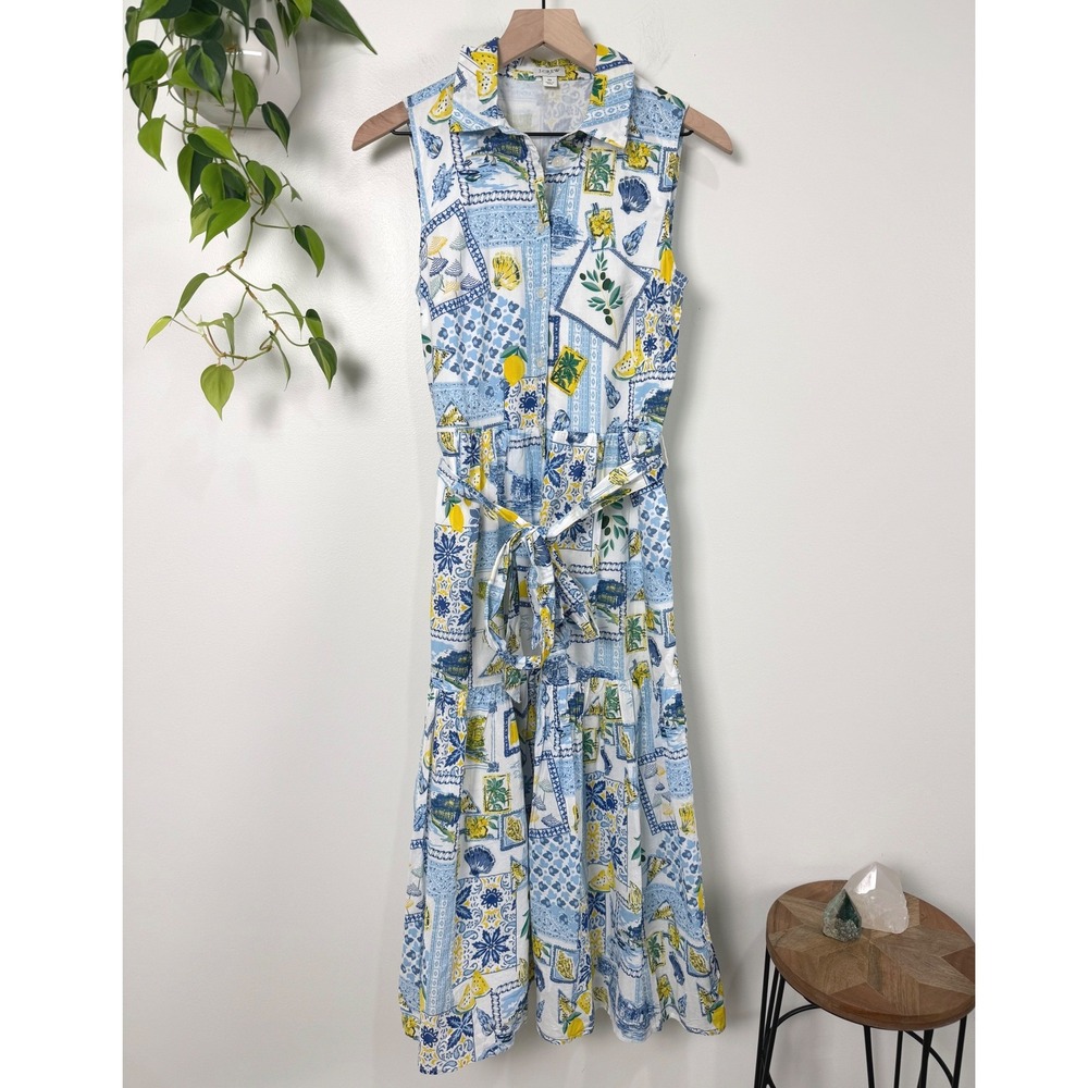 J. Crew Womens Sleeveless Tiered Midi Dress Travel Resort Lemon Blue Yellow 0